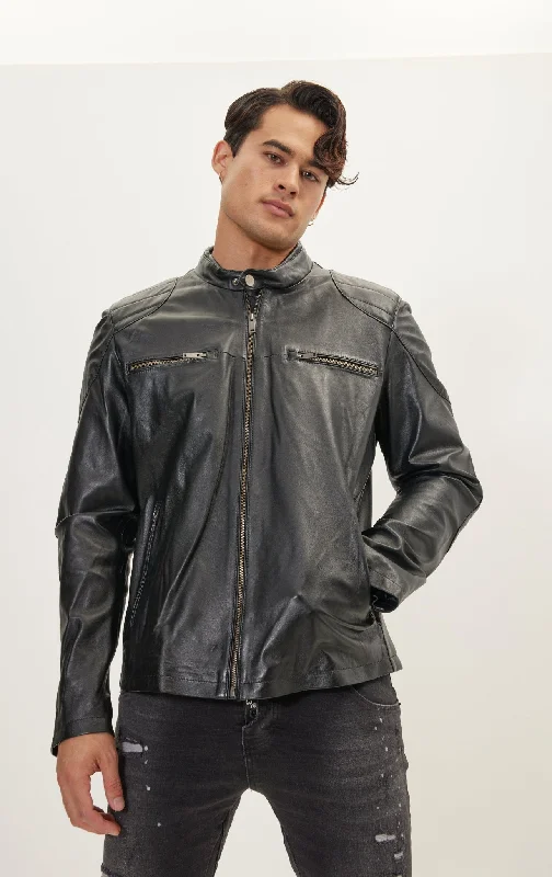 Shoulder Patch Moto Leather Jacket - Black