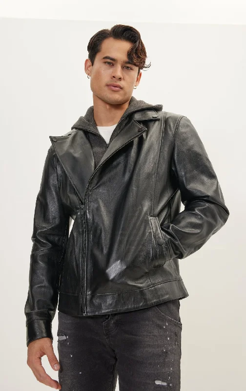 Genuine Leather Jacket With Removable Hood - Black