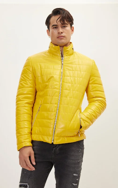 Lambskin Leather Puffer Jacket - Yellow