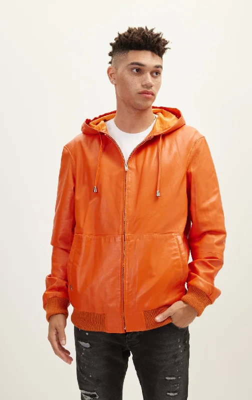 Genuine Leather Hooded Sweatshirt - Orange