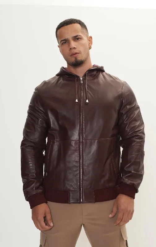 Genuine Leather Hooded Sweatshirt - Wine