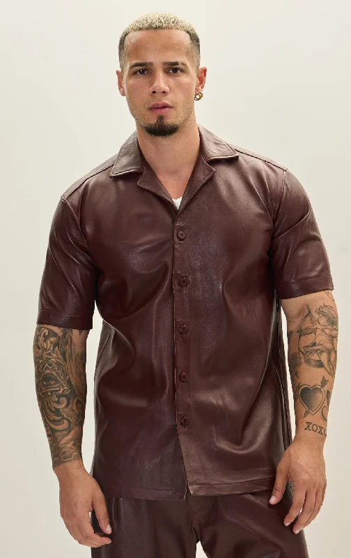 Short Sleeve Leather Shirt Jacket - Burgundy