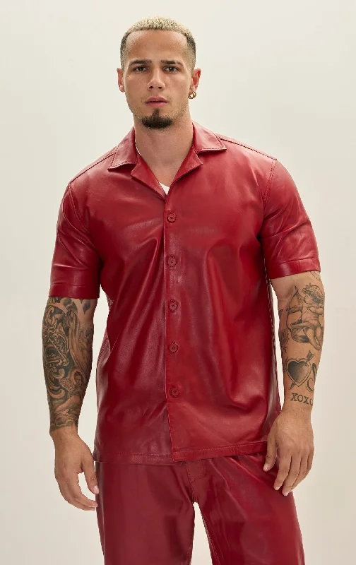 Short Sleeve Leather Shirt Jacket - Red