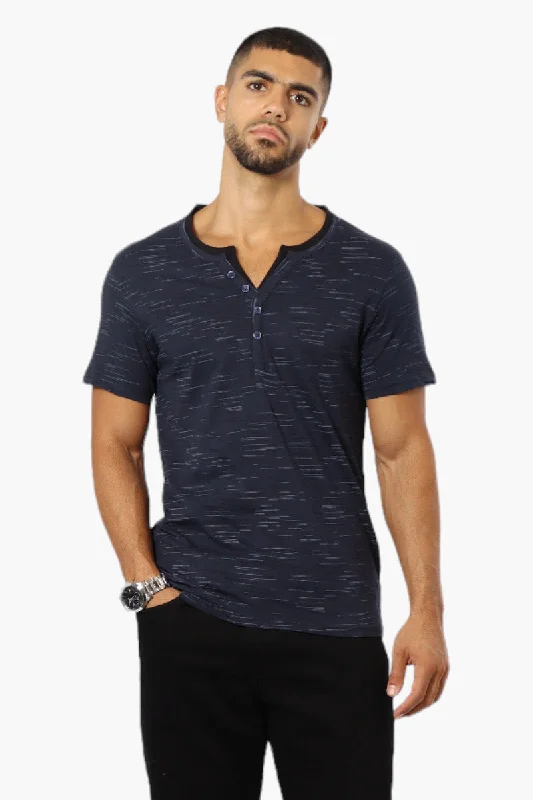 Urbanology Patterned V-Neck Henley Tee - Navy