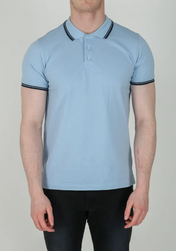 Brave Soul London Stripe Collar Polo-Shirt, Pale Blue